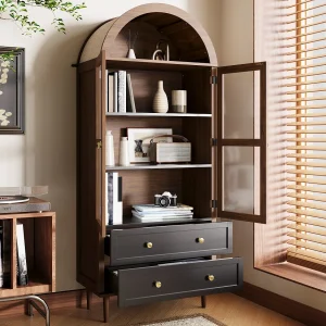 Dressoir met 2 lades en 2 glazen deuren – Retro curve – Donkere houtkleur Dressoir met 2 lades en 2 glazen deuren – Retro curve – Donkere houtkleur