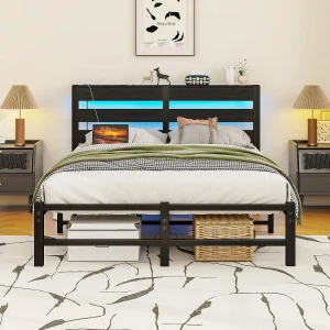 Eenpersoonsbed 120x200cm met LED-verlichting en USB-aansluiting – Volwassenenbed in zwart metaal en hout (matras niet inbegrepen)