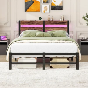 Eenpersoonsbed 120x200cm met LED-verlichting en USB-aansluiting – Volwassenenbed van metaal en hout – Zwart met houtaccenten (matras niet inbegrepen)