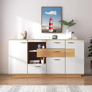 Dressoir 160x40x77cm met 4 lades, 2 deuren, 1 nis en LED, body in hout en wit fineer