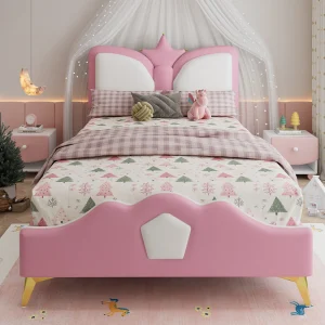 Eenpersoonsbed 90x200cm – Kinderbed, kroonvormig hoofdeinde – lattenbodem – PU – roze Eenpersoonsbed 90x200cm – Kinderbed, kroonvormig hoofdeinde – lattenbodem – PU – roze