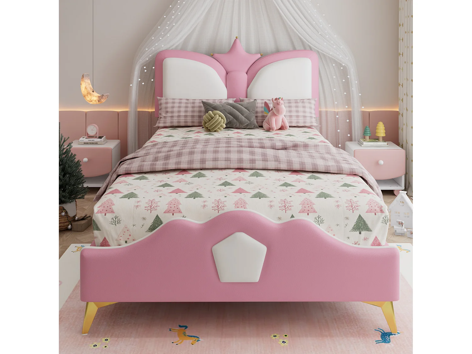 Eenpersoonsbed 90x200cm - Kinderbed, kroonvormig hoofdeinde - lattenbodem - PU - roze