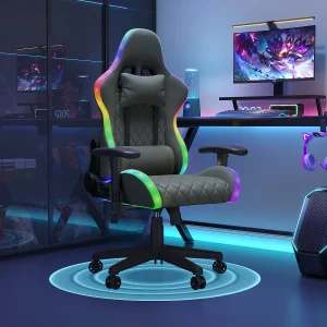 Gamingstoel met LED-verlichting – 2D-armleuningen en verstelbare rugleuning – Bureaustoel – Zwart Gamingstoel met LED-verlichting – 2D-armleuningen en verstelbare rugleuning – Bureaustoel – Zwart