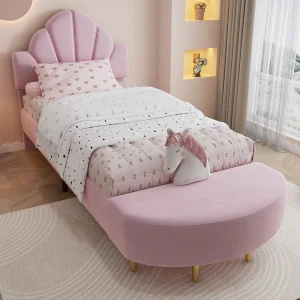 Eenpersoonsbed 90×200 cm – inclusief bijpassende voetensteun en lattenbodem – fluweel – roze