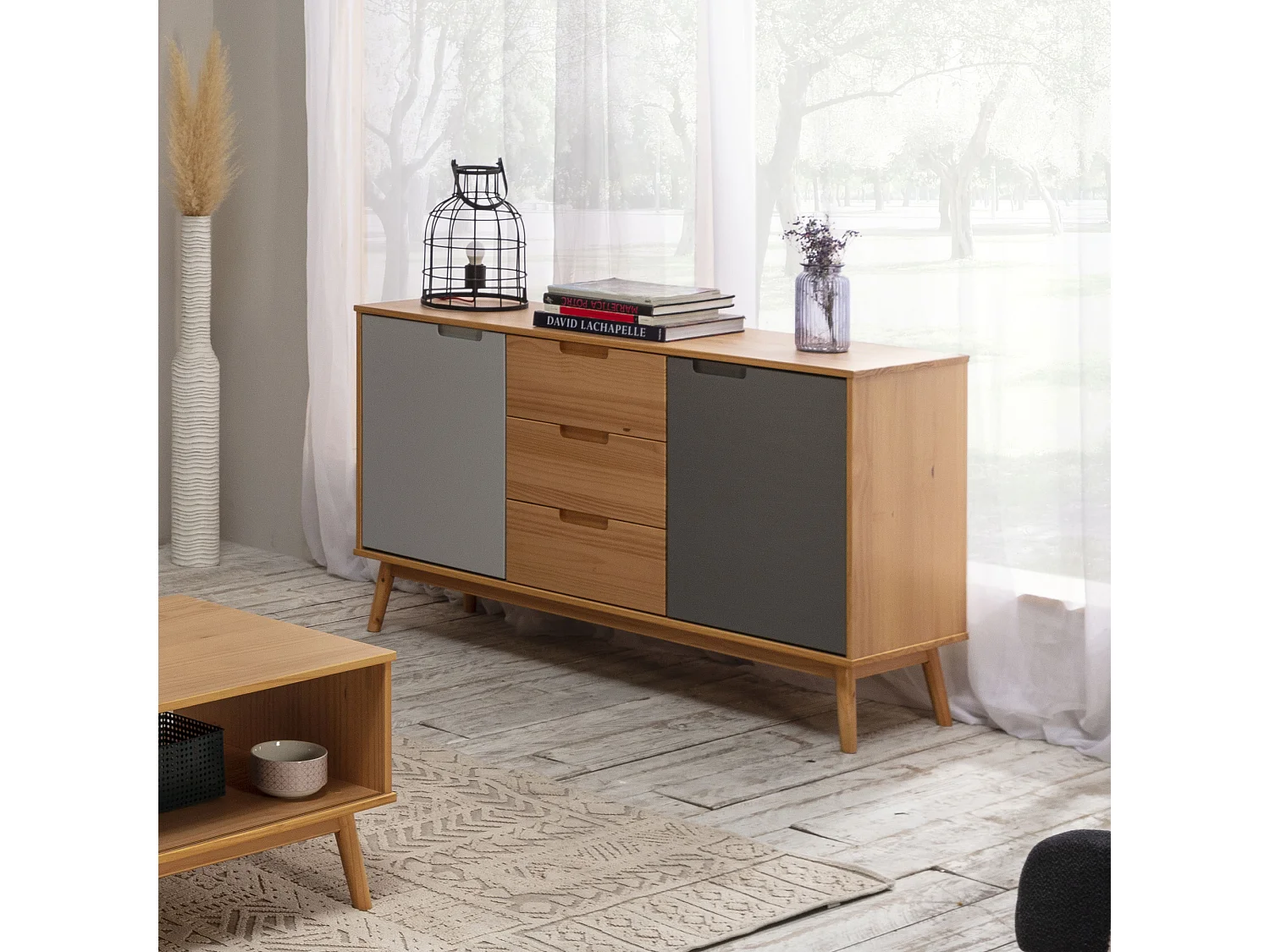Dressoir Bruce 3 laden en 2 deuren, massief hout, 140 cm (breedte) 40 cm (diepte)