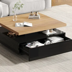 Draaibare vierkante salontafel 360° – 70x70x36cm – 1 lade – Dubbellaagstructuur – Zwart + natuur Draaibare vierkante salontafel 360° – 70x70x36cm – 1 lade – Dubbellaagstructuur – Zwart + natuur