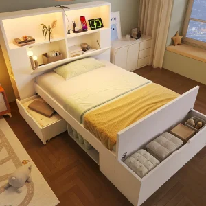Eenpersoonsbed 90x200cm – met LED-verlichting en USB-poort – met opbergbank – grote opbergruimte – Wit (matras niet inbegrepen) Eenpersoonsbed 90x200cm – met LED-verlichting en USB-poort – met opbergbank – grote opbergruimte – Wit (matras niet inbegrepen)