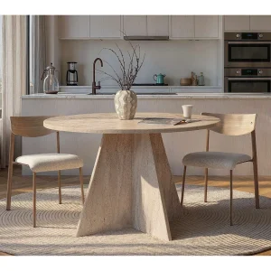 Premium "Virella" Houten Eettafel – Travertijn Afwerking – 120x120x75cm Premium "Virella" Houten Eettafel – Travertijn Afwerking – 120x120x75cm