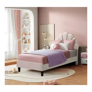 Fluweel bed in schelpvorm "Manon" – 90 x 190 cm – Beige – Voor Kinderen