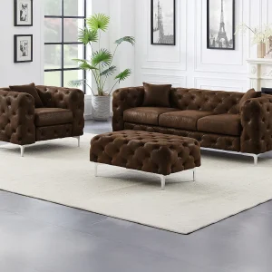 Driezits-Chesterfield-bank, -fauteuil en -poef van microvezel met verouderd leereffect EDWINA Driezits-Chesterfield-bank, -fauteuil en -poef van microvezel met verouderd leereffect EDWINA