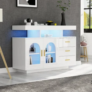 Dressoir in hoogglans wit lak met LED-verlichting, 3 lades en 2 deuren, 120x40x80 cm Dressoir in hoogglans wit lak met LED-verlichting, 3 lades en 2 deuren, 120x40x80 cm