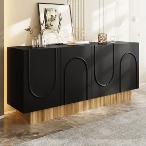 Dressoir met 4 zwarte deuren – Gestreept houtkleurig onderstel 160x38x75cm Dressoir met 4 zwarte deuren – Gestreept houtkleurig onderstel 160x38x75cm