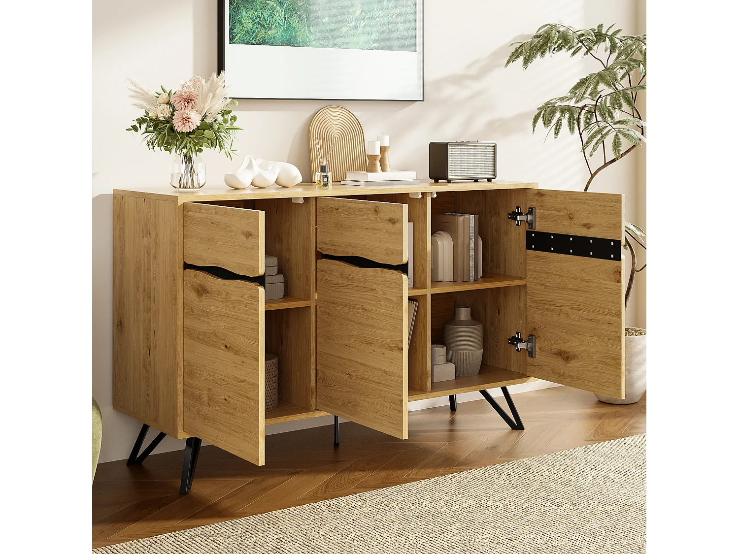 Dressoir met 3 deuren en houtnerfafwerking - Metalen poten