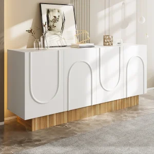 Dressoir met 4 witte deuren – Gestreept houtkleurig onderstel 160x38x75cm Dressoir met 4 witte deuren – Gestreept houtkleurig onderstel 160x38x75cm