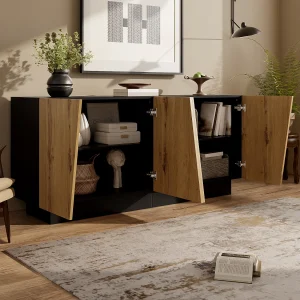 Dressoir met 4 deuren – Strak design – Ruime opbergruimte – Hout en zwarte afwerking Dressoir met 4 deuren – Strak design – Ruime opbergruimte – Hout en zwarte afwerking