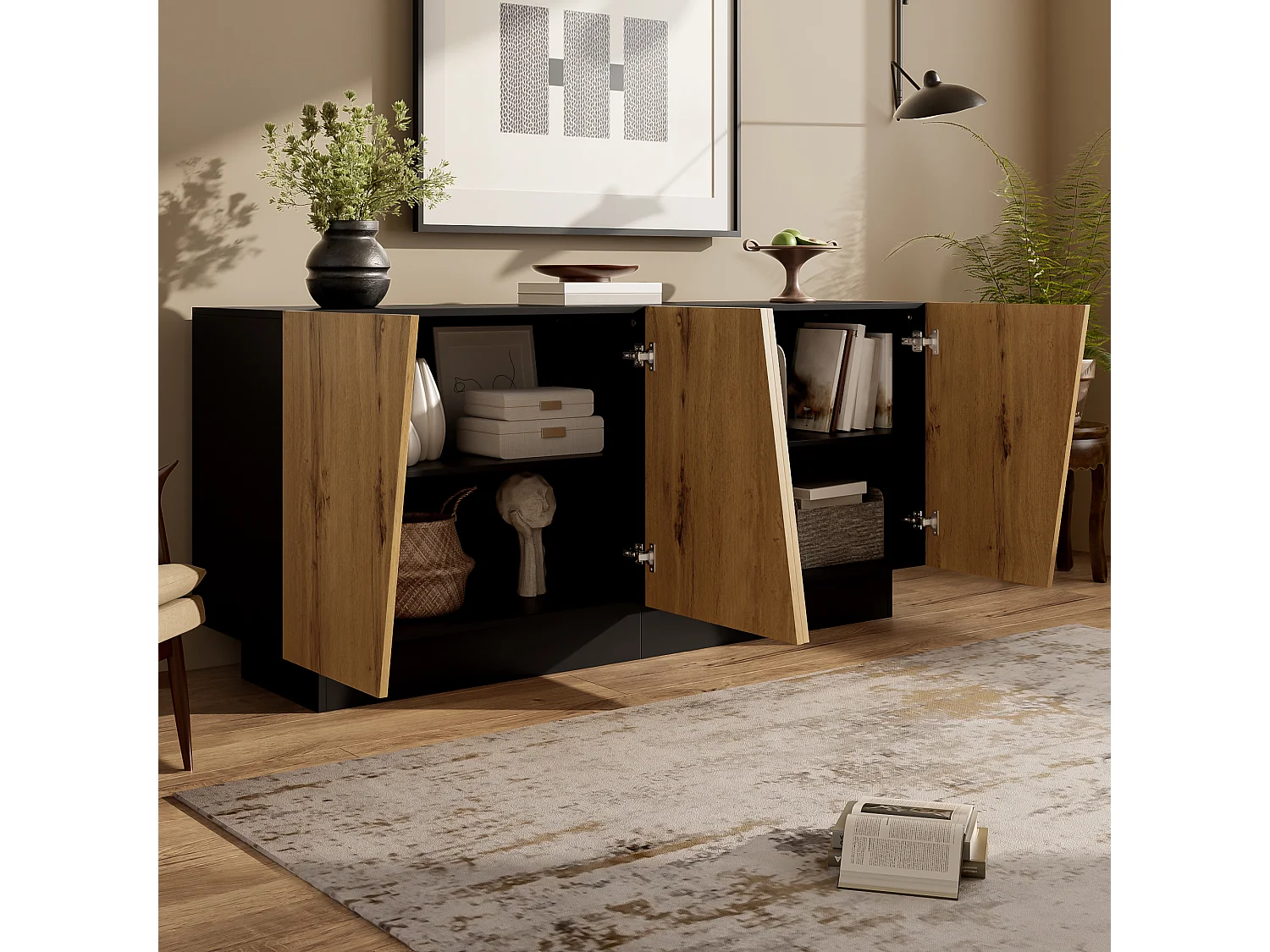 Dressoir met 4 deuren - Strak design - Ruime opbergruimte - Hout en zwarte afwerking