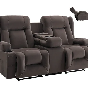 Elektrisch Verstelbare Bank SucceBuy 2-Zits, Verstelbare Fauteuil met Verwarming, Massage en Middenconsole, van Suède, met USB-Poorten, Drankhouders Elektrisch Verstelbare Bank SucceBuy 2-Zits, Verstelbare Fauteuil met Verwarming, Massage en Middenconsole, van Suède, met USB-Poorten, Drankhouders