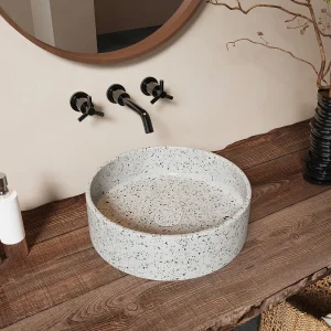 Ronde opbouwwastafel van blauwe terrazzo met pop-up afvoerplug, D39 x H12 cm, DUKAT