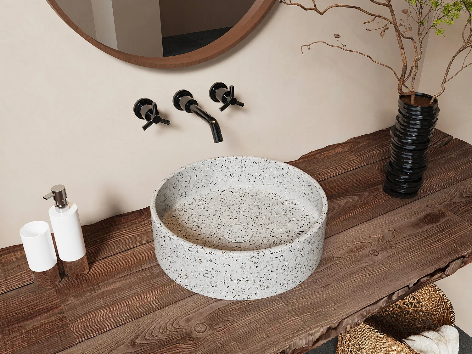 Ronde opbouwwastafel van blauwe terrazzo met pop-up afvoerplug, D39 x H12 cm, DUKAT