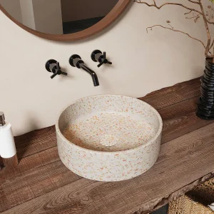 Ronde opbouwwastafel van roze terrazzo met pop-up afvoerplug, D39 x H12 cm, DUKAT