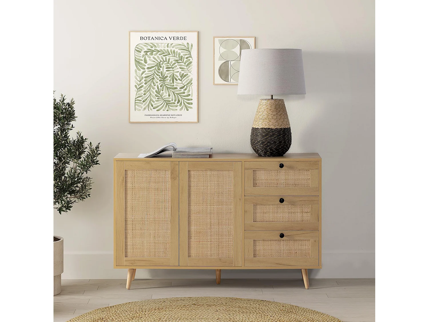 Dressoir Bella 3 laden en 2 deuren eiken kleur, 120 cm