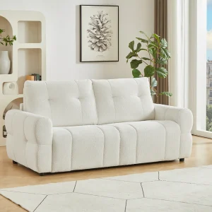3-zits slaapbank in beige chenille stof met 12 cm matras ECORIA