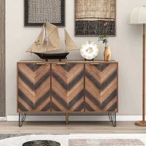 Dressoir met drie deuren – Concaaf en convex patroon – Donker naturel en zwart Dressoir met drie deuren – Concaaf en convex patroon – Donker naturel en zwart