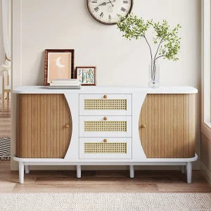 Dressoir van rotan met lades – 3 lades en 2 deuren – gebogen blad – 140 x 40 x 76 cm