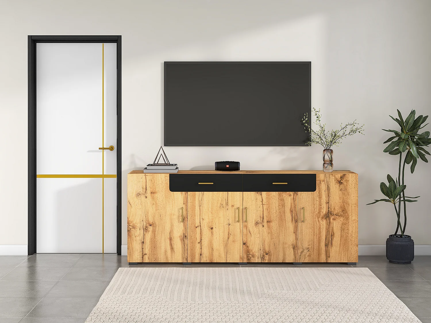 Dressoir met 4 deuren en 2 lades - PB hout - Licht naturel en zwart