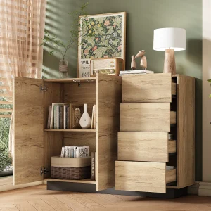 Dressoir met 4 lades + 2 deuren – 110 x 35,5 x 90,5 cm – voor woonkamer en keuken – spaanplaat – naturel + zwart