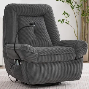Elektrische relaxfauteuil in grijs corduroy – Massage- en verwarmingsfunctie, USB-aansluiting