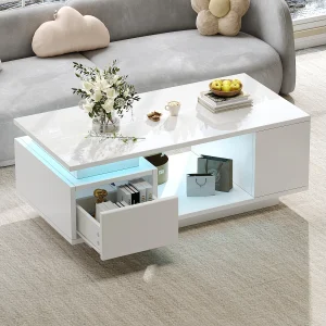 Gelakte salontafel – 100 x 50 x 36 cm – met lade + LED-verlichting + 4 opbergvakken – spaanplaat – wit Gelakte salontafel – 100 x 50 x 36 cm – met lade + LED-verlichting + 4 opbergvakken – spaanplaat – wit