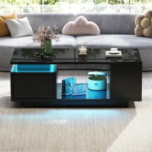 Gelakte salontafel – 100 x 50 x 36 cm – met lade + LED-verlichting + 4 opbergvakken – spaanplaat – zwart Gelakte salontafel – 100 x 50 x 36 cm – met lade + LED-verlichting + 4 opbergvakken – spaanplaat – zwart