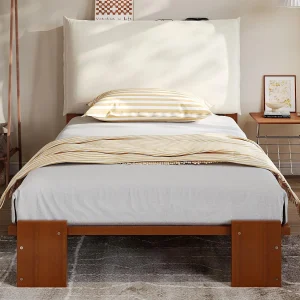 Eenpersoonsbed 90x200cm – verwijderbaar gestoffeerd hoofdeinde – massief hout + schuim + multiplex – Bruin (matras niet inbegrepen) Eenpersoonsbed 90x200cm – verwijderbaar gestoffeerd hoofdeinde – massief hout + schuim + multiplex – Bruin (matras niet inbegrepen)