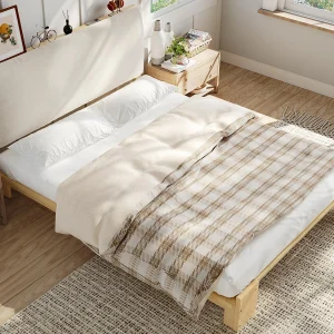 Eenpersoonsbed 140x200cm – verwijderbaar gestoffeerd hoofdeinde – massief hout + schuim + multiplex – Natuur​ (matras niet inbegrepen)