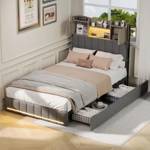 Eenpersoonsbed 90x200cm met ledverlichting en USB-poorten – hoofdbord met opbergruimte – 2 lades – beddengoed – grijs