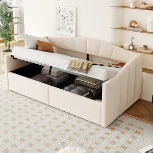 Eenpersoons opbergbed 90x200cm in beige fluweel – Dagbed met armleuningen Eenpersoons opbergbed 90x200cm in beige fluweel – Dagbed met armleuningen