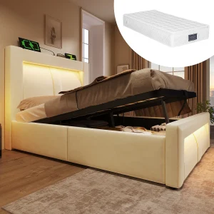 Eenpersoonsbed met opbergruimte – 90 x 200 cm – met hydraulische lattenbodem + LED + USB + gebogen hoofdeinde – fluweel – beige (inclusief matras)
