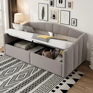Eenpersoons opbergbed 90x200cm in lichtgrijs fluweel – Dagbed met armleuningen Eenpersoons opbergbed 90x200cm in lichtgrijs fluweel – Dagbed met armleuningen