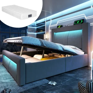 Eenpersoonsbed met opbergruimte – 90 x 200 cm – met hydraulische lattenbodem + LED + USB + gebogen hoofdeinde – fluweel – grijs (inclusief matras)