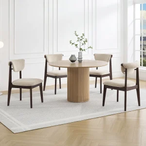 Set van 6 stoelen van gestructureerde stof en rubberhout – Beige – GABIEL Set van 6 stoelen van gestructureerde stof en rubberhout – Beige – GABIEL