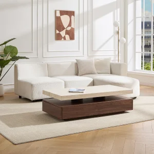 Salontafel met 2 lades van MDF – Travertin-effect en donker naturel – FELIX Salontafel met 2 lades van MDF – Travertin-effect en donker naturel – FELIX