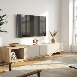 TV-meubel met 3 lades en 1 vak – Beige en Licht Natuurlijk – DUKIAN TV-meubel met 3 lades en 1 vak – Beige en Licht Natuurlijk – DUKIAN