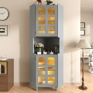 Gelakte hoekvitrine – 63,5 x 45 x 157,5 cm – met LED-verlichting + 2 deuren + plank – MDF – grijs Gelakte hoekvitrine – 63,5 x 45 x 157,5 cm – met LED-verlichting + 2 deuren + plank – MDF – grijs