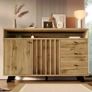 Dressoir in vintage-stijl voor de woonkamer – 120 x 40 x 85 cm – met 3 lades + 2 deuren + open plank + lattenfront – hout – donker naturel Dressoir in vintage-stijl voor de woonkamer – 120 x 40 x 85 cm – met 3 lades + 2 deuren + open plank + lattenfront – hout – donker naturel