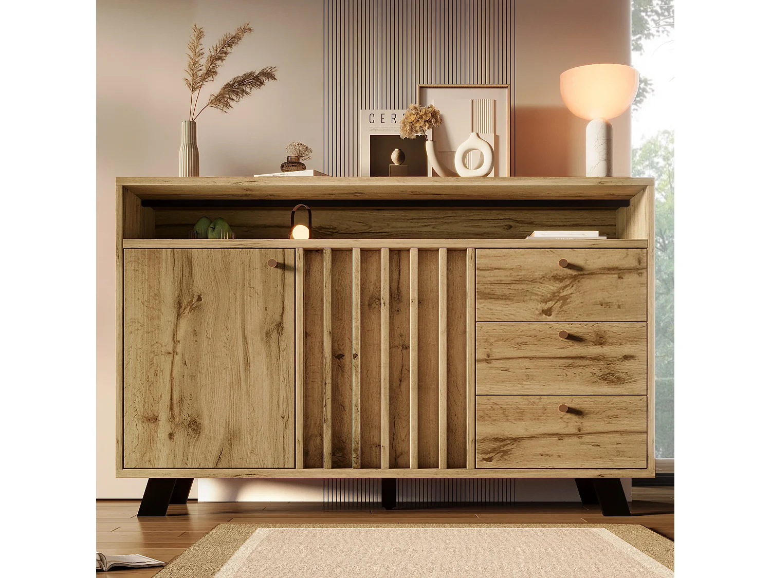 Dressoir in vintage-stijl voor de woonkamer - 120 x 40 x 85 cm - met 3 lades + 2 deuren + open plank + lattenfront - hout - donker naturel