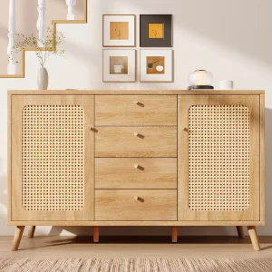 Dressoir met rotanlook voor de woonkamer – 140 x 40 x 86 cm – met 4 lades + 2 deuren + verstelbare planken – hout – licht naturel