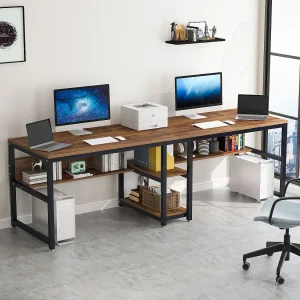 Dubbel computerbureau van 200 cm voor twee personen, rustiek bureau met plank voor rustiek thuiskantoor