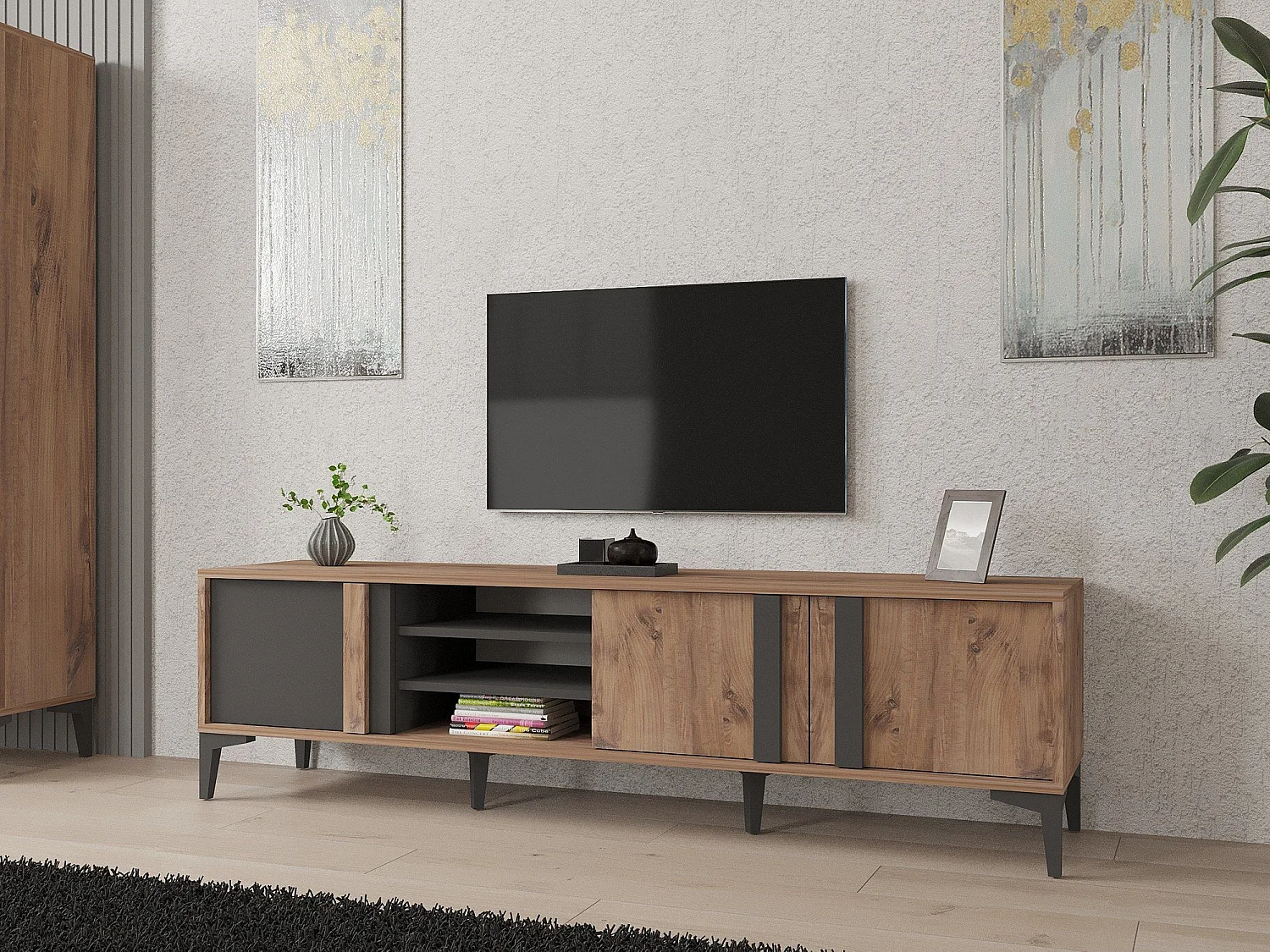 Elegante tv-standaard – 180 cm – Atlântico en antraciet – Melamine gecoate spaanplaat
