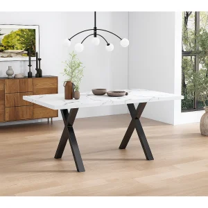 Eettafel 140x80cm met zwarte metalen poten – Wit marmerlook Eettafel 140x80cm met zwarte metalen poten – Wit marmerlook